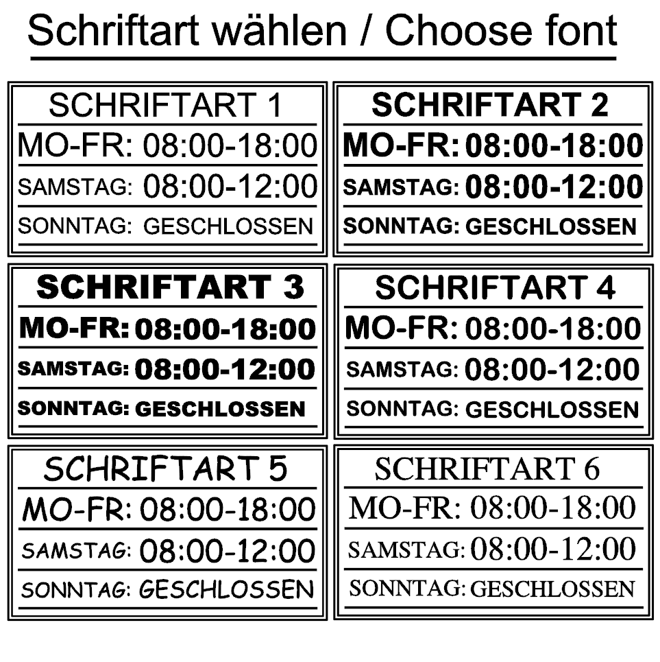 Öffnungszeiten-Aufkleber - (Mo–Fr / Samstag / Sonntag)
